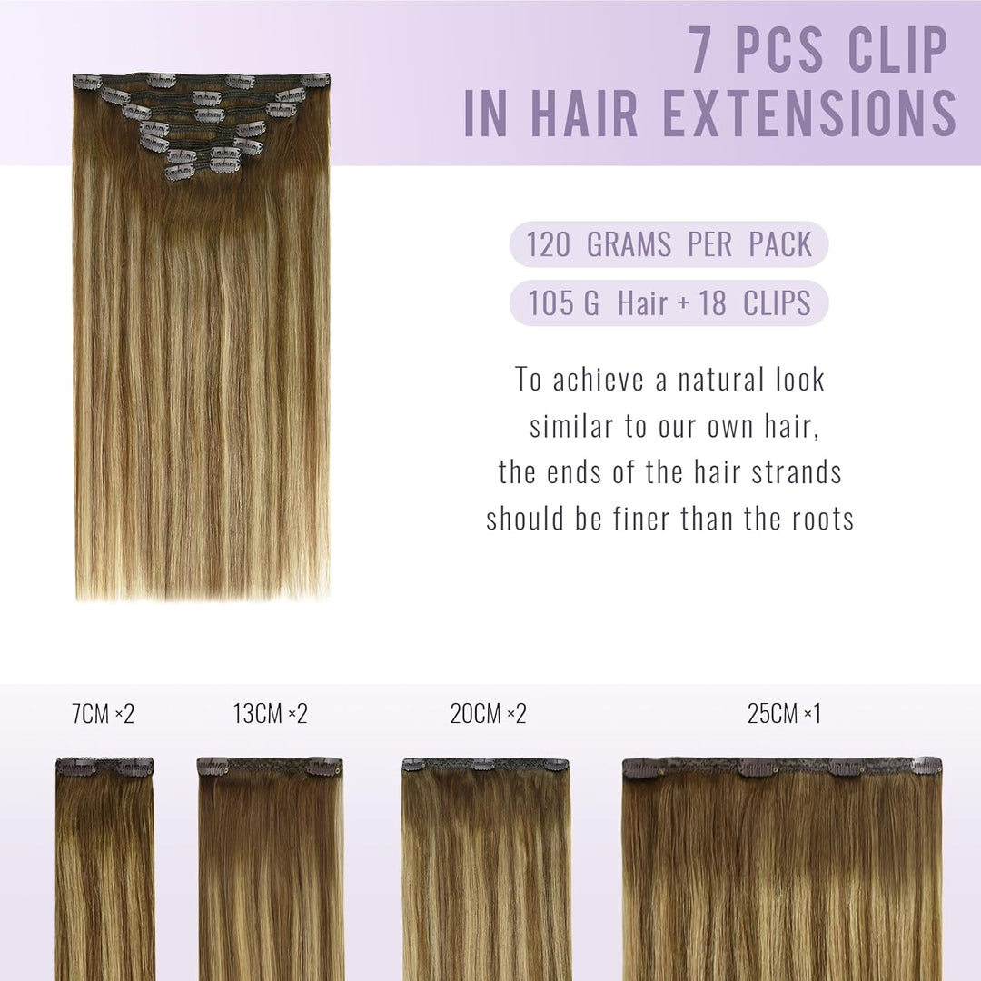 Fshine Echthaar Extensions Clip, 40cm 16 Zoll 120g 7 Stück BalayageSchokolade Braun Mxied Karamell B