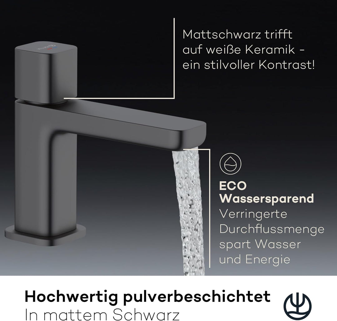 KLUDI-X3 Waschtischarmatur Kaltwasser, Auslaufhöhe 80 mm, wassersparender Wasserhahn Bad Schwarz Mat