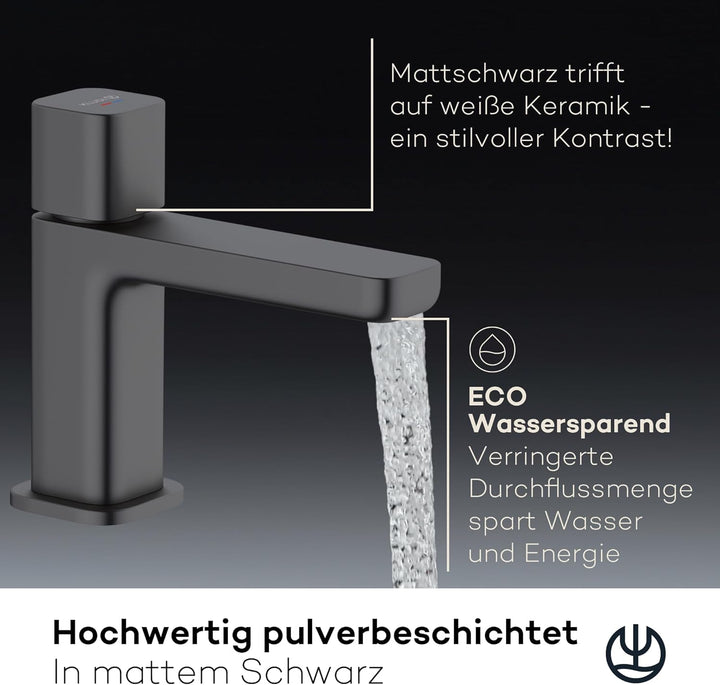 KLUDI-X3 Waschtischarmatur Kaltwasser, Auslaufhöhe 80 mm, wassersparender Wasserhahn Bad Schwarz Mat