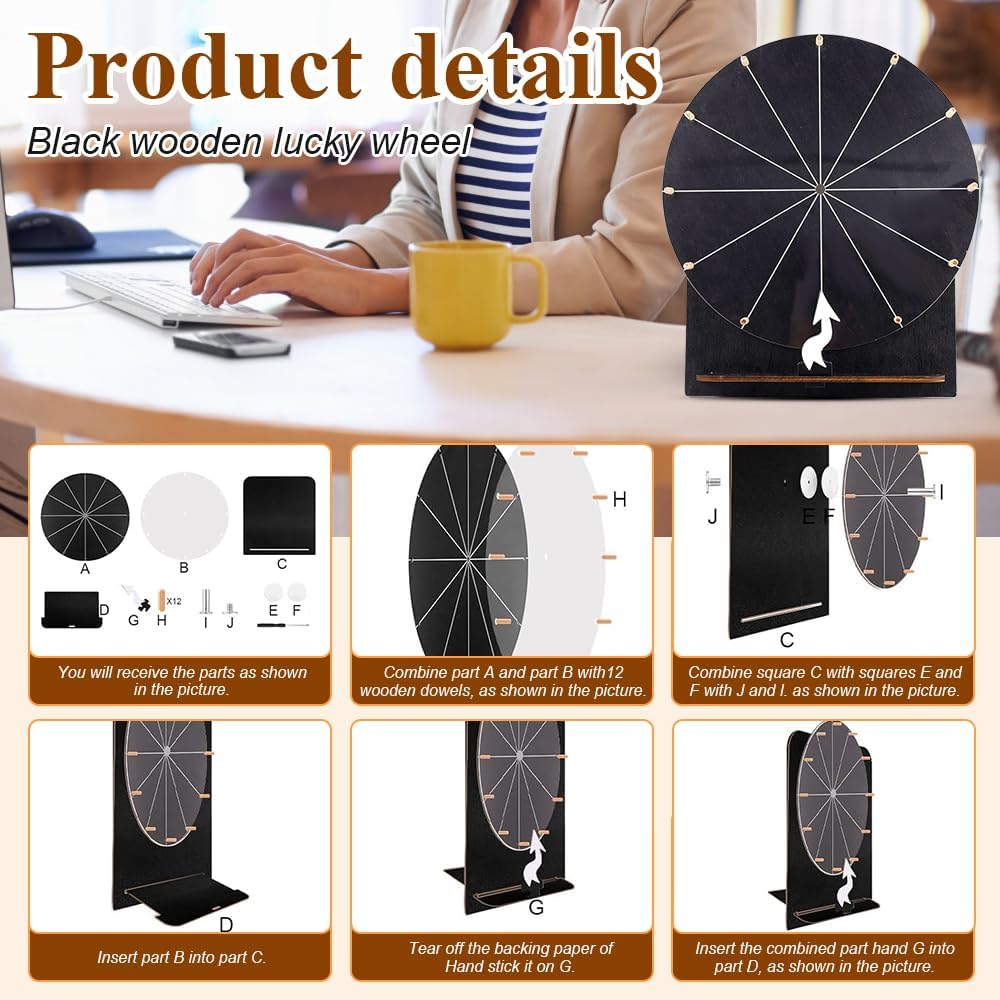 Glücksrad zum Drehen, 29cm Hölzernes Glücksrad, Gluecksrad Gluecksrad,12 Slots Roulette Spinner des