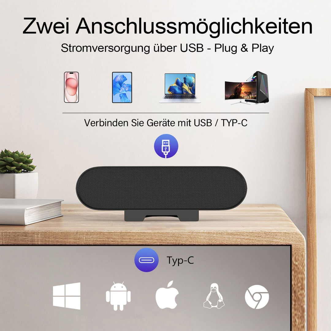 ZETIY PC Lautsprecher, USB Computer Lautsprecher mit USB-Einspeisung, Portable Mini Soundbar mit Cli