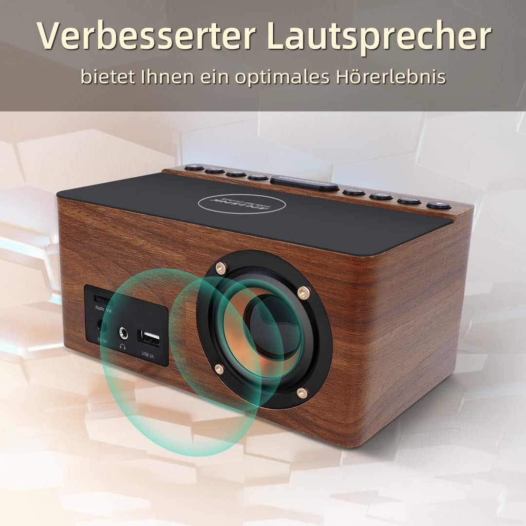 ANJANK Digitaler Radiowecker aus Holz mit Kabelloser Ladestation，10W Fast Wireless Charger for iPhon