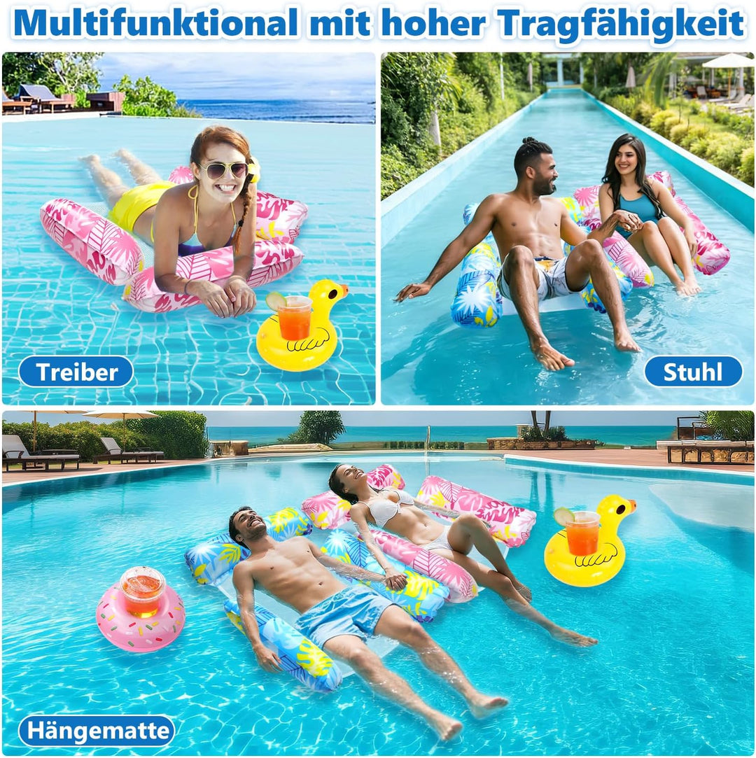 2 Stück Luftmatratze Wasser mit 1 Luftpump und 2 Getränkehalter，4 in 1 Wasserhängematte mit Netz Auf
