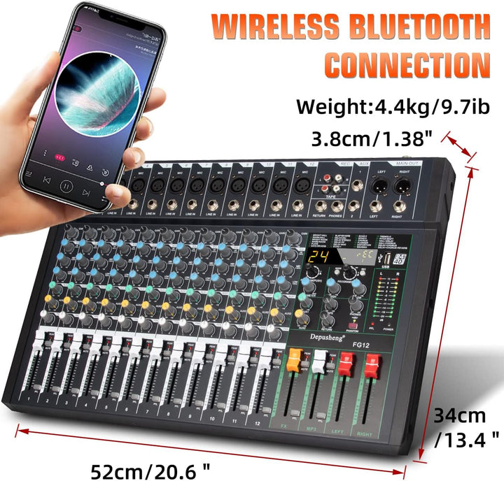 Depusheng FG12 Professioneller 12-Kanal-Audio-Mixer für Computeraufnahmen, Sound-Controller-Schnitts