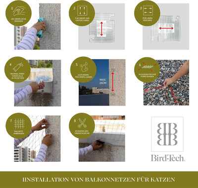 Bird-Tech TM Katzennetz für Balkon und Vögel Steinfarbe + 100 Haken + 2 Transparente Kleber 80ml (8X
