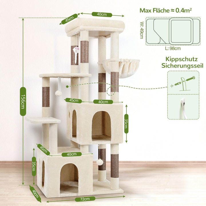 Globlazer Kratzbaum Beige für 3-5 Grosse Katzen 156 cm mit 2 Extragross Katzenhaus 45*40*35CM, Gross