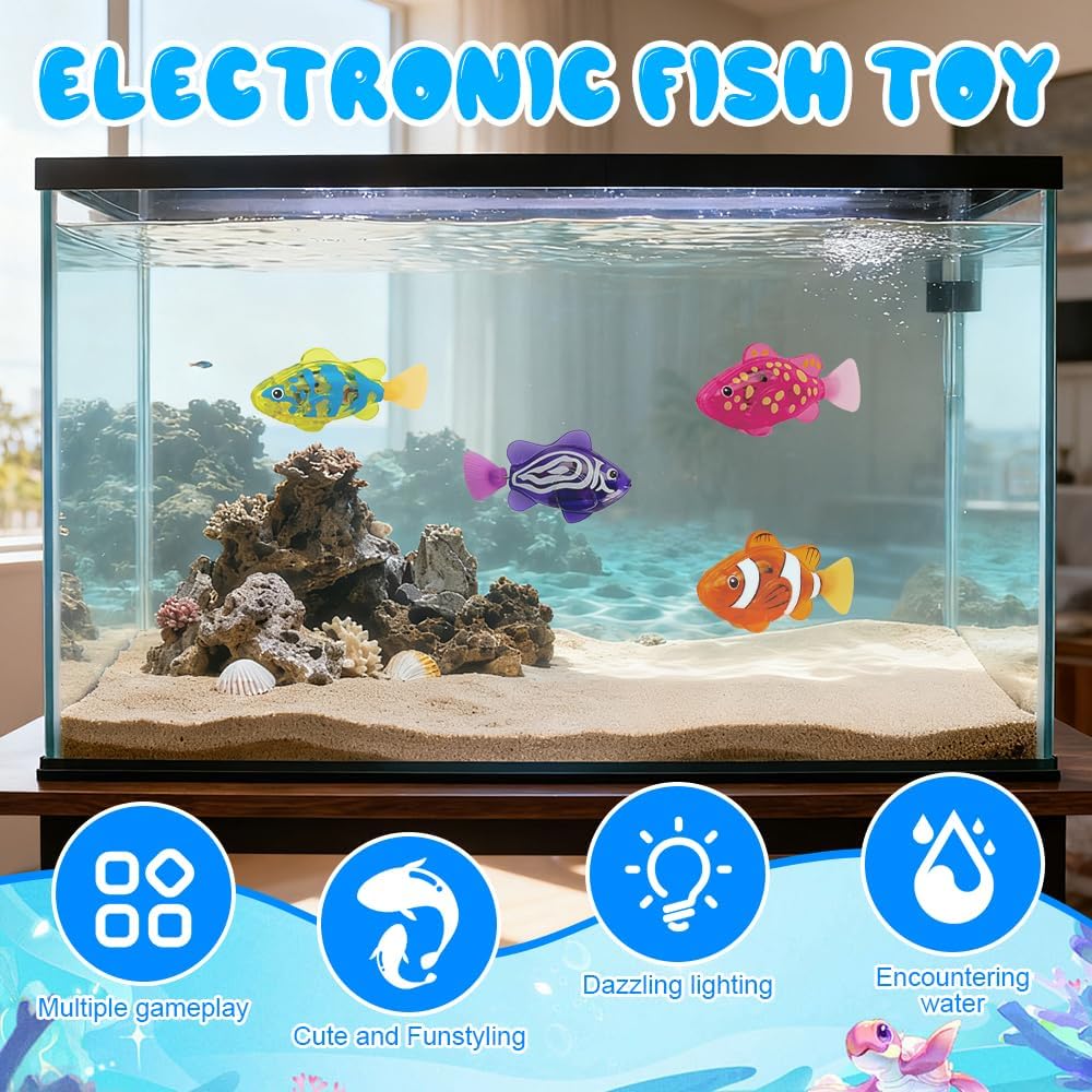 4PCS Robo Fisch Katze Spielzeug, Elektronischer HaustierFisch, Roboter Fischs mit Leuchtende, Batter