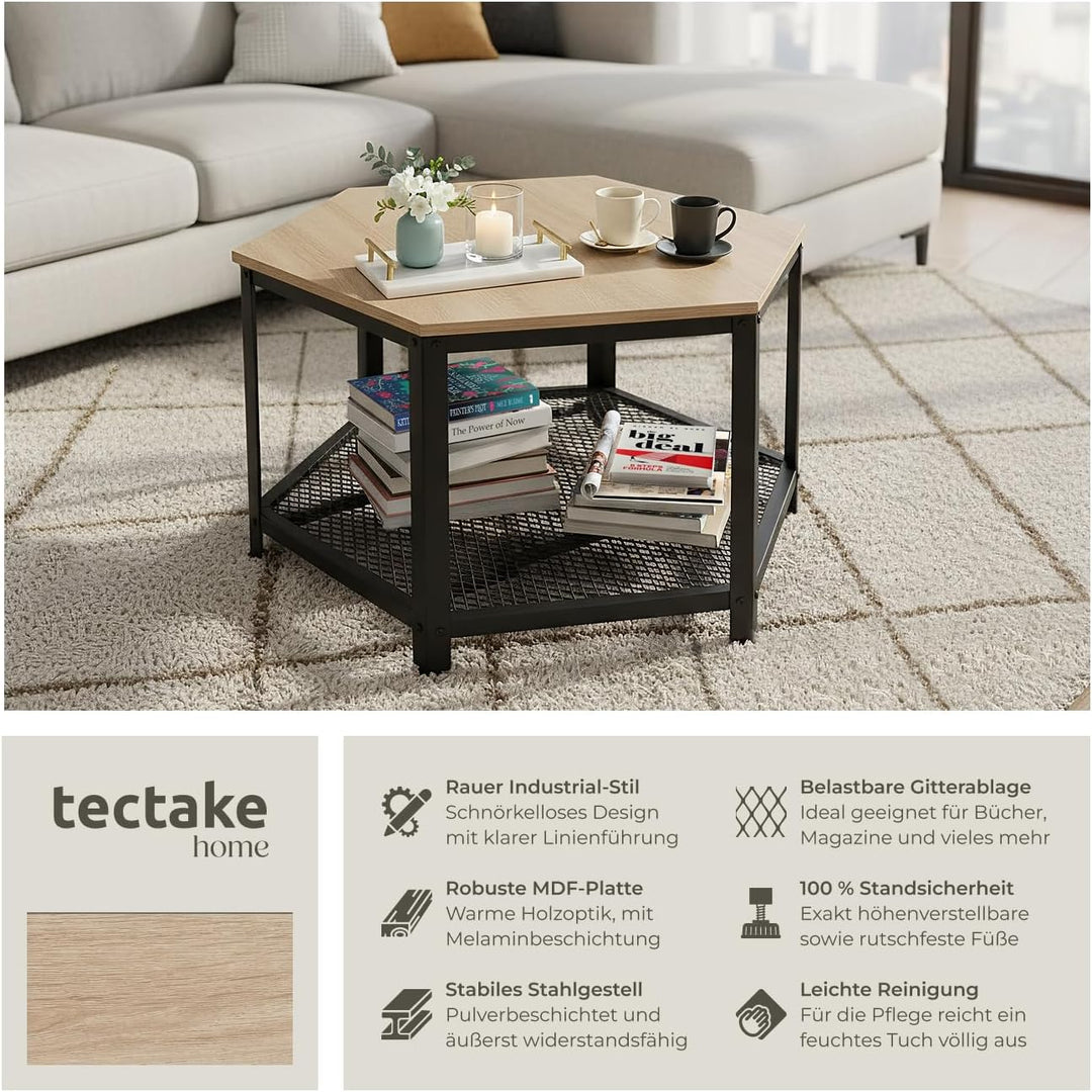 tectake® ausgefallener Couchtisch Holz und Metall, Wohnzimmertisch mit Stauraum, Beistelltisch Couch