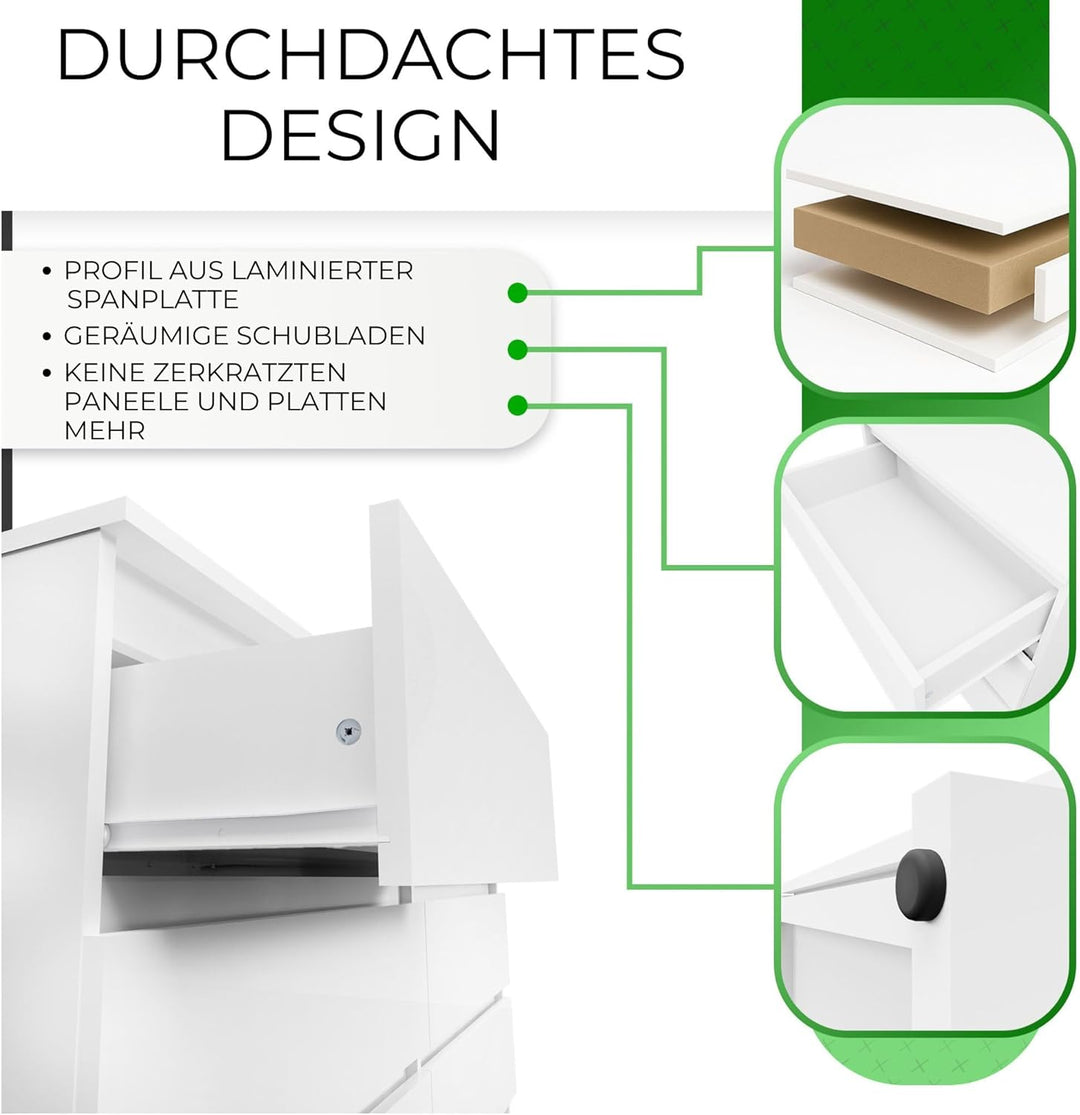 CDF Kommode Weiss mit 6 Schubladen 40 cm Tief Komodenschrank Komode für Wohnzimmer Schlafzimmer Schu