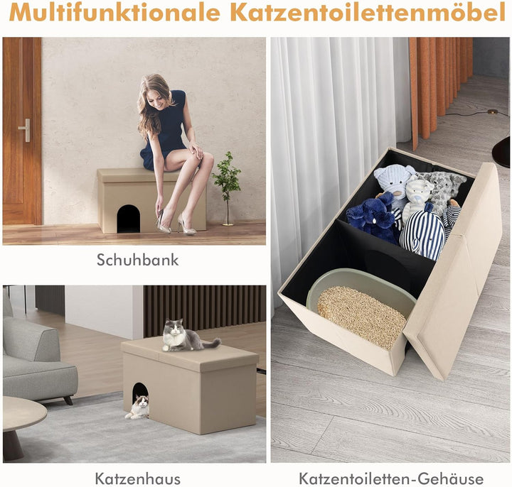 GYMAX Katzenhöhle, 3 in 1 Katzenmöbel als Katzenhaus, Sitzbank & Katzentoilette, Schuhbank mit Matte
