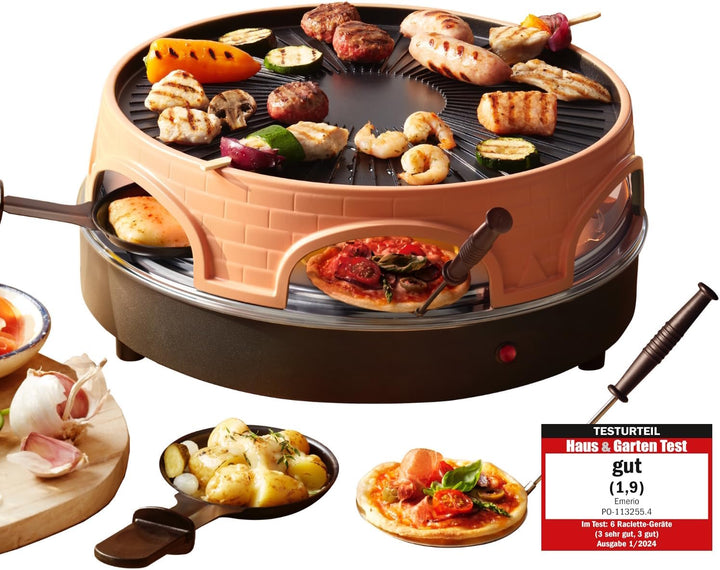 Emerio Pizzaofen, PIZZARETTE das Original, 3 in 1 Pizza-Raclette-Grill, patentiertes Design, für Min