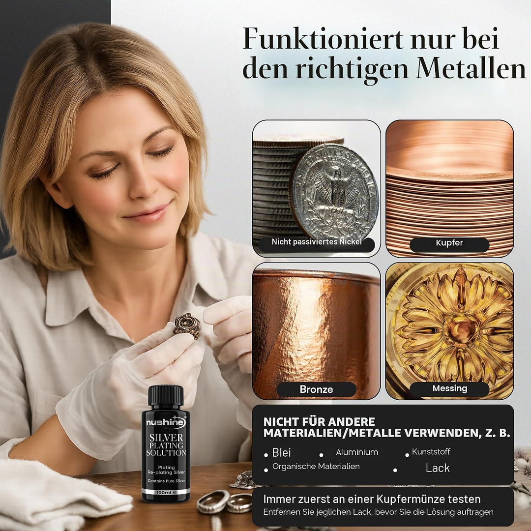 Nushine Versilberungslösung, 50 ml – dauerhaft reines Silber auf abgenutztes Silber, Messing, Kupfer
