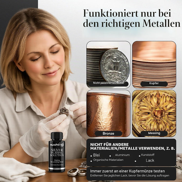 Nushine Versilberungslösung, 50 ml – dauerhaft reines Silber auf abgenutztes Silber, Messing, Kupfer
