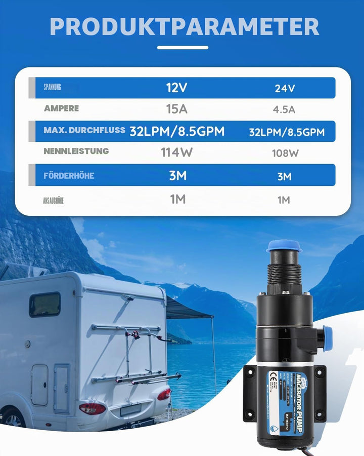 Mxmoonant 12V DC Fäkalien-Absaugpumpe, Zerkleinerungspumpensystem, 32 Lpm/min, 114W, mit vierköpfige