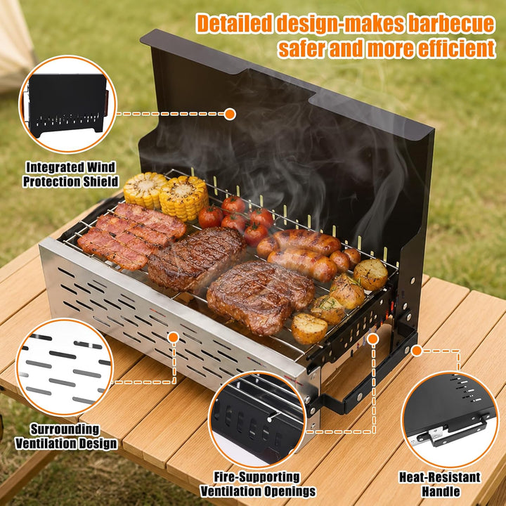 GFTIME Klappgrill Camping Grill Holzkohlegrill Tischgrill für Outdoor BBQ, Edelstahl Tragbar Faltbar