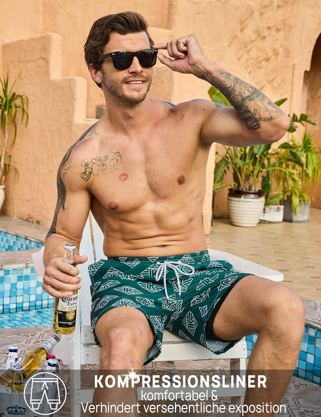 KBVOT Badehose Herren mit Kompression Liner Schnelltrocknend Badeshorts Männer Kurz Boardshorts Schw