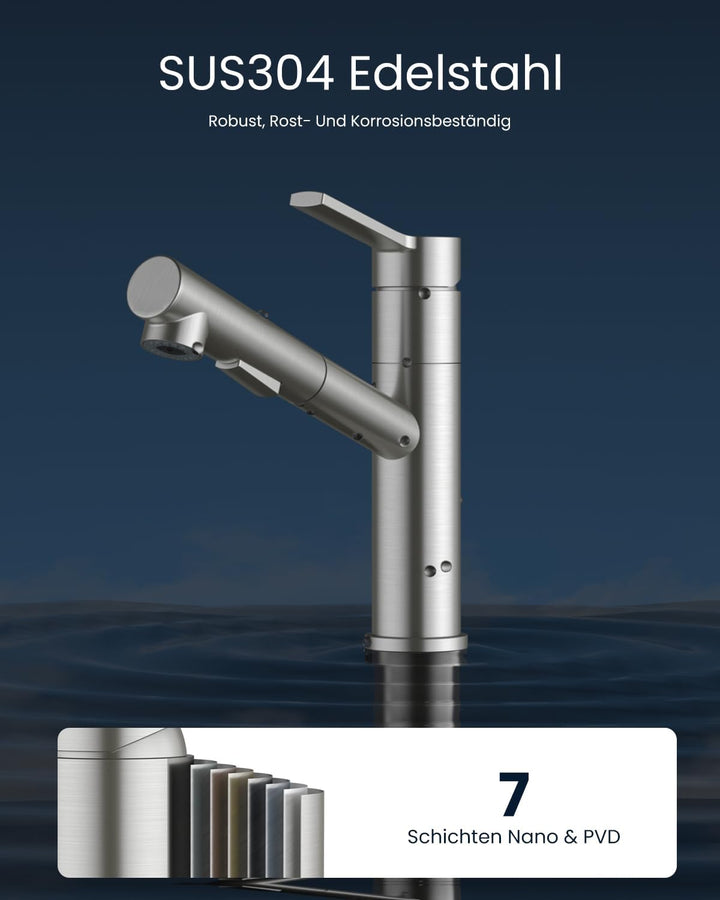 DAYONE Küchenarmatur mit Ausziehbarer Brause, SUS304 Edelstahl Hochdruck Wasserhahn Küche, Spültisch