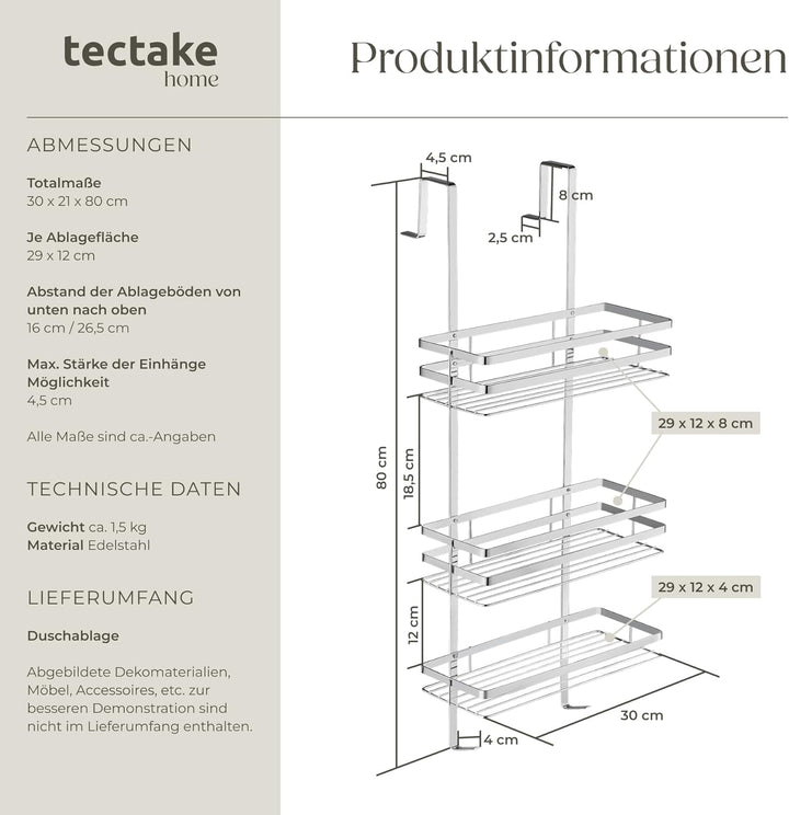 tectake® Duschregal mit 3 Böden zum Hängen | Duschablage Badregal Duschkorb
