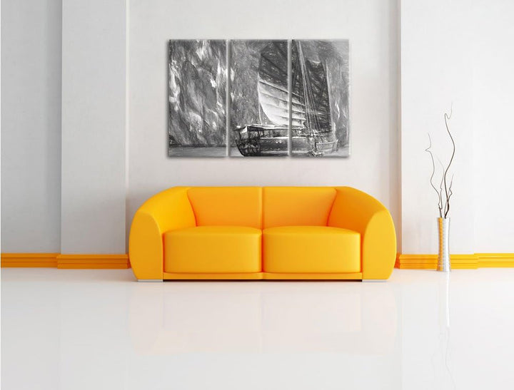Pixxprint chinesisches Segelschiff 3Teiler 120x80 cm Leinwandbild Wandbild Kunstdruck