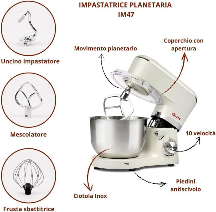 Girmi IM47 Knetmaschine, 1500 W Max, 6 Liter, Fassungsvermögen 6 Liter, Teig bis 2,4 kg, Pulse, 10 G