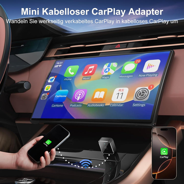 Mini Kabelloser CarPlay Adapter für iPhone - Wireless CarPlay Dongle Box, wandelt werkseitig verkabe
