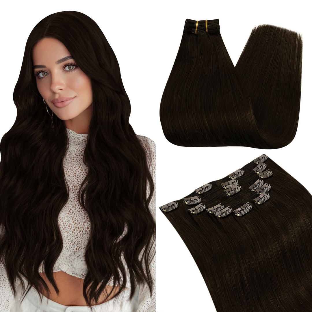 Ugeat Braun Clip in Extensions Echthaar Einzelne 55cm Haar Extensions Echthaar Clip Dunkelbraun Farb