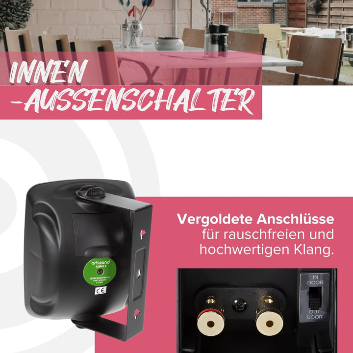 Artsound ASW65.2, 2er-Set wasserdichte Lautsprecher, 2-Wege-HiFi-Lautsprecher, 20-140 Watt, mit Wand