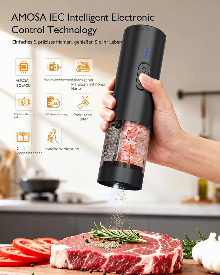 AMOSA Salz und Pfeffermühle Elektrisch, 2-in-1 Doppelbehälter USB Aufladbar, Nachfüllbar Automatisch