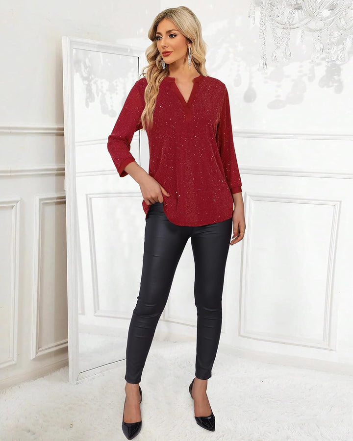 Vafoly Damen 3/4 Ärmel Oberteil Henley V-Ausschnitt Hemden doppellagig Mesh Bluse Tuniken L Blinken