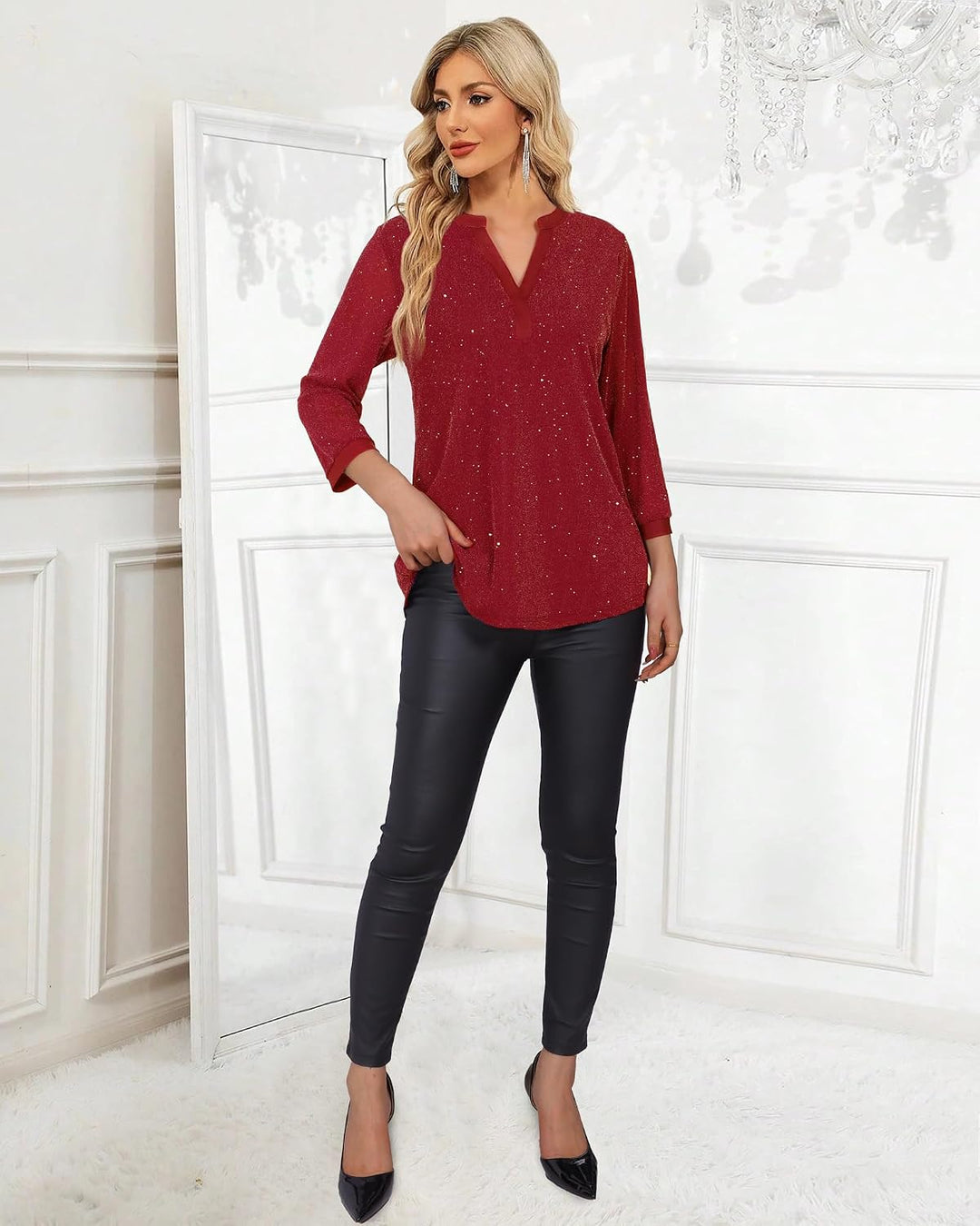 Vafoly Damen 3/4 Ärmel Oberteil Henley V-Ausschnitt Hemden doppellagig Mesh Bluse Tuniken L Blinken