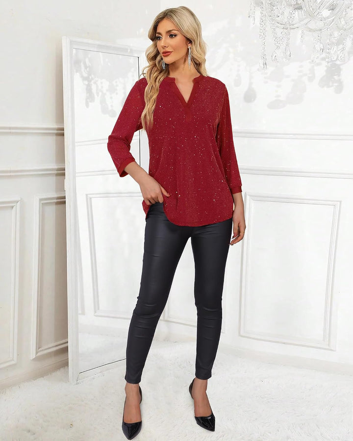 Vafoly Damen 3/4 Ärmel Oberteil Henley V-Ausschnitt Hemden doppellagig Mesh Bluse Tuniken L Blinken