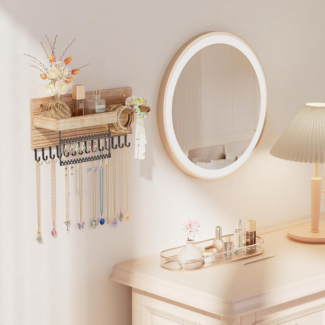 Lolalet Hängeschmuck Organizer, Hölzerne Schmuckaufbewahrungsregal mit 15 Haken, Wandmontierte Halsk
