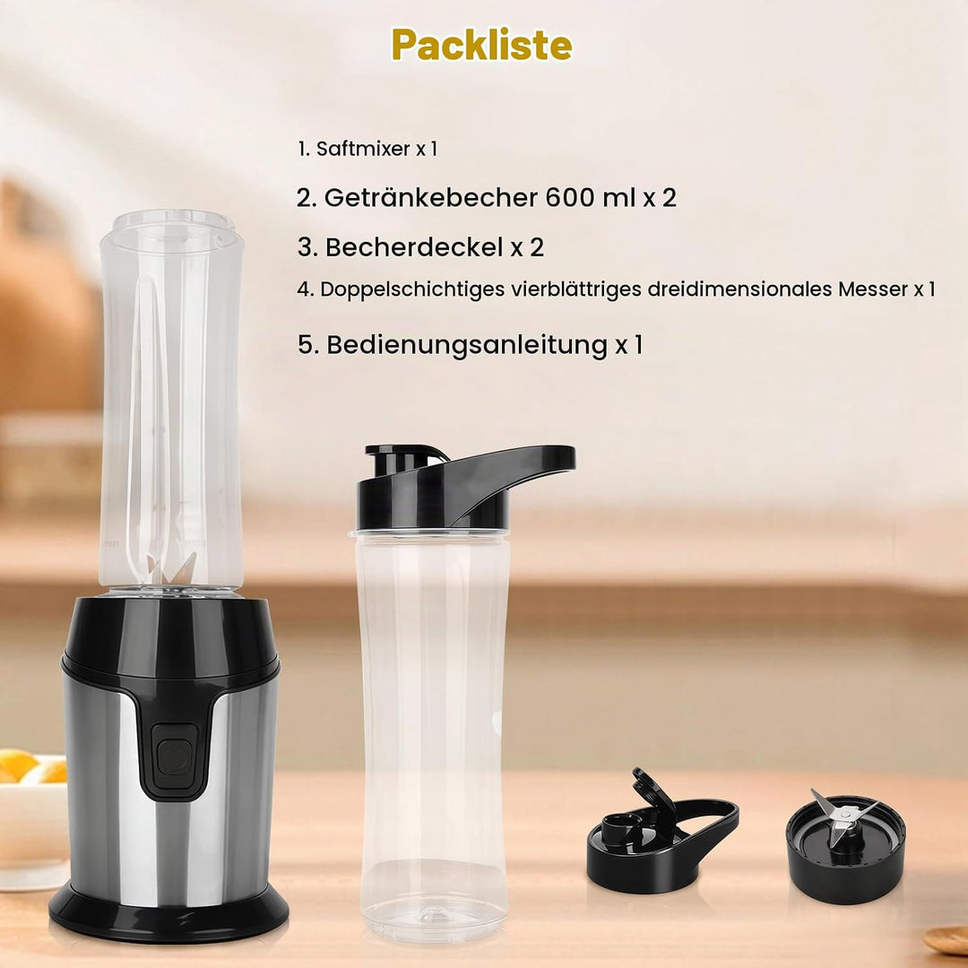 Mixer, Mini Standmixer, Smoothie Maker mit 2x600ml Flaschen BPA frei, Tragbarer Blender Mixer Smooth