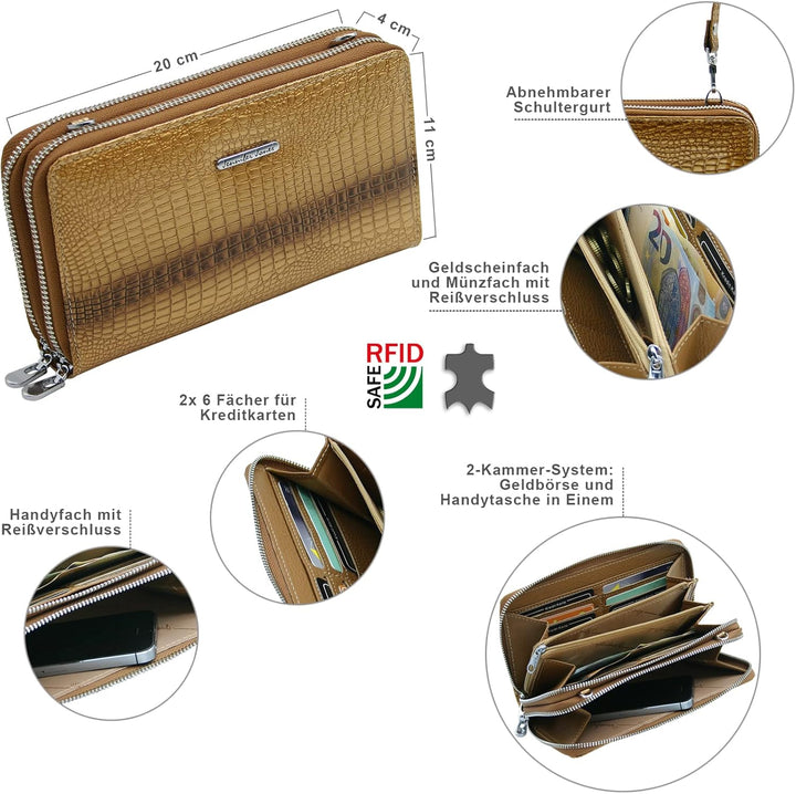 Jennifer Jones - Echt Leder Handtasche mit Handyfach - 2in1 Handytasche & Geldbörse mit RFID-Schutz