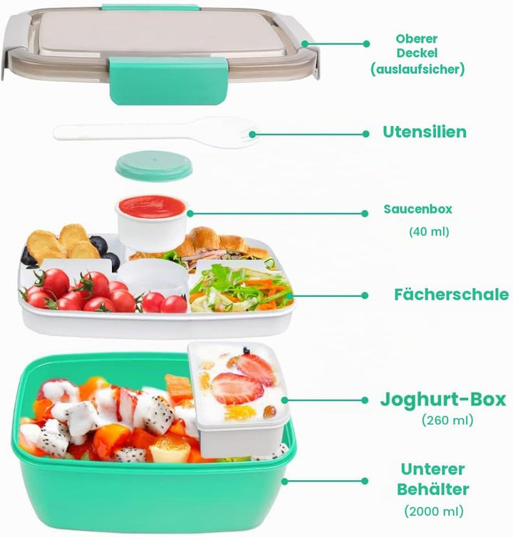 Bugucat Lunchbox Erwachsene 2000ML,Auslaufsichere Brotdose Erwachsene Bento Box mit Fächern für Kind