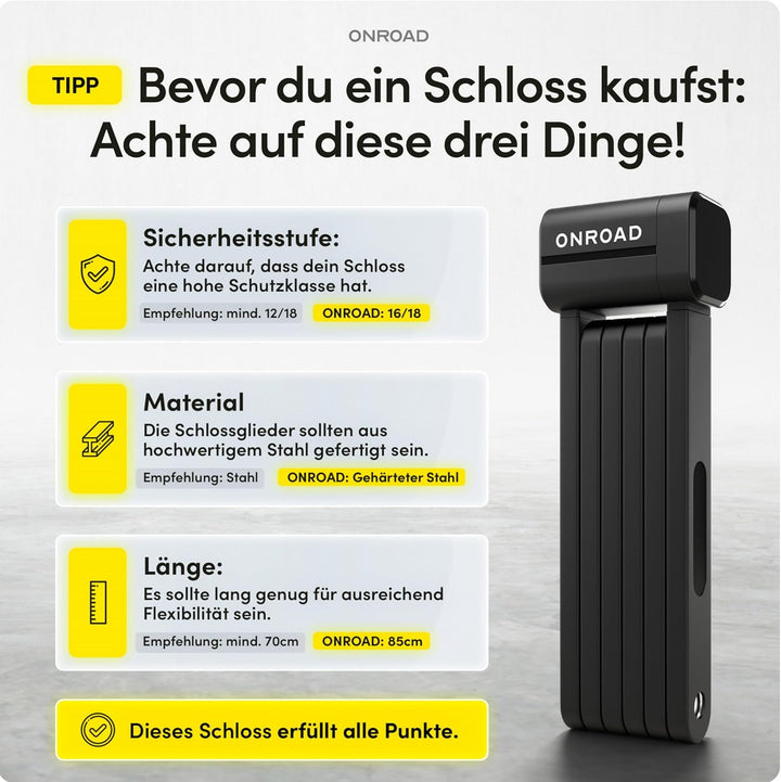 Faltschloss Fahrrad Onlock Pro 85cm diebstahlsicher – Fahrradschloss hohe Sicherheit – Robustes & ko