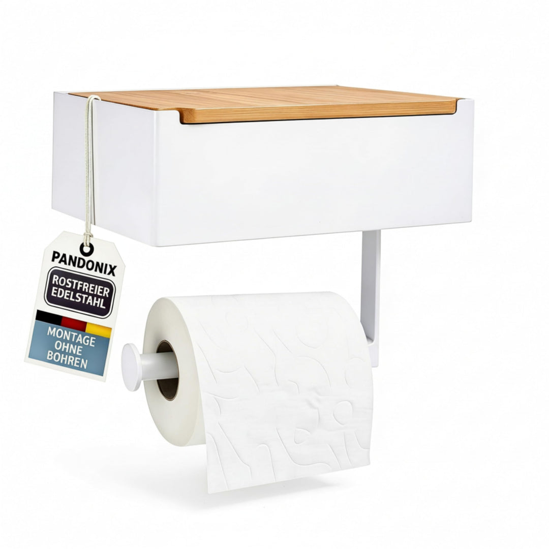 Toilettenpapierhalter mit Feuchttücherbox - Edelstahl & Bambus - Toilettenpapierhalter ohne Bohren -