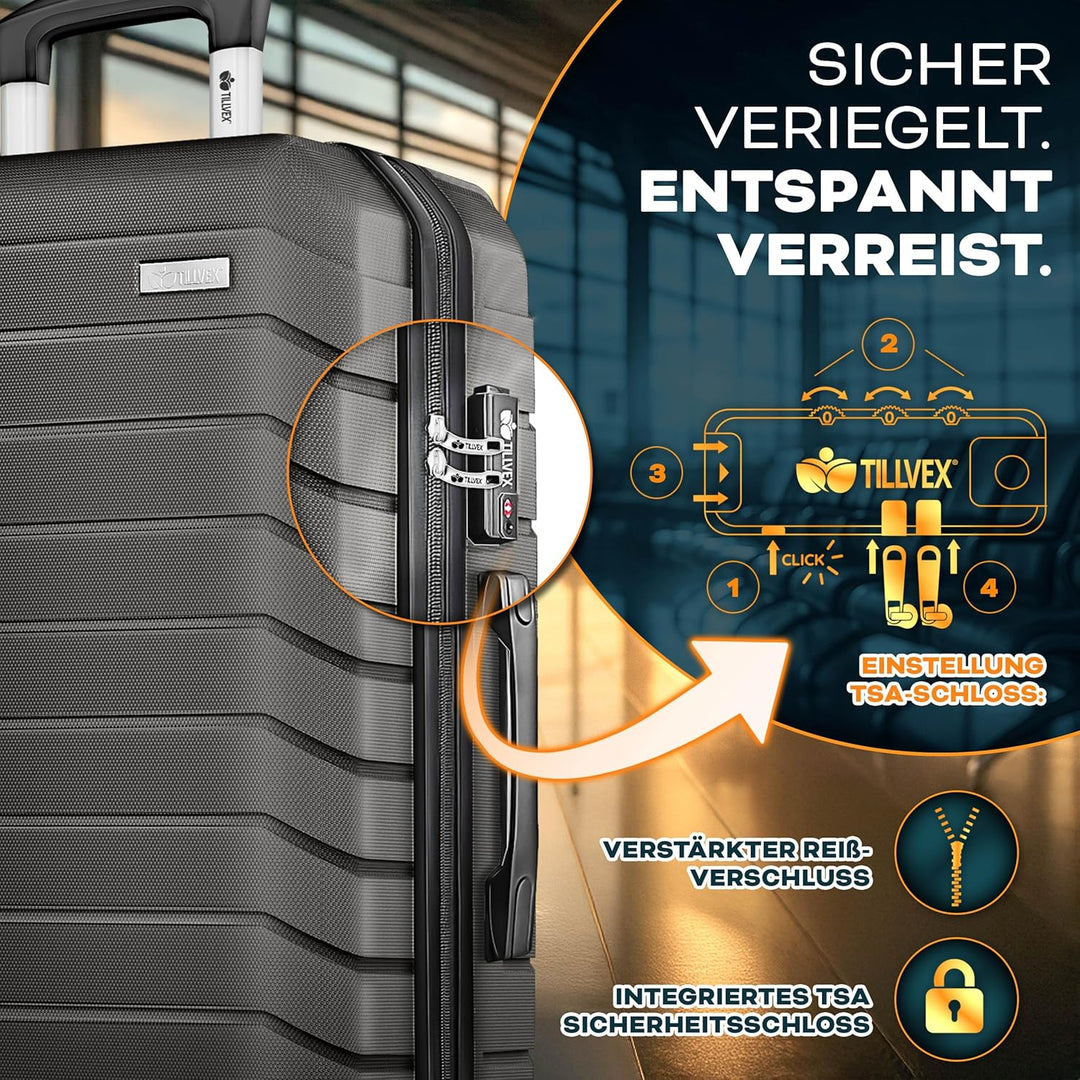 tillvex® Reisekoffer Set 3-TLG. + Gepäckwaage, 6X Koffergurte & 3X Kofferanhänger | Kofferset 4 Roll
