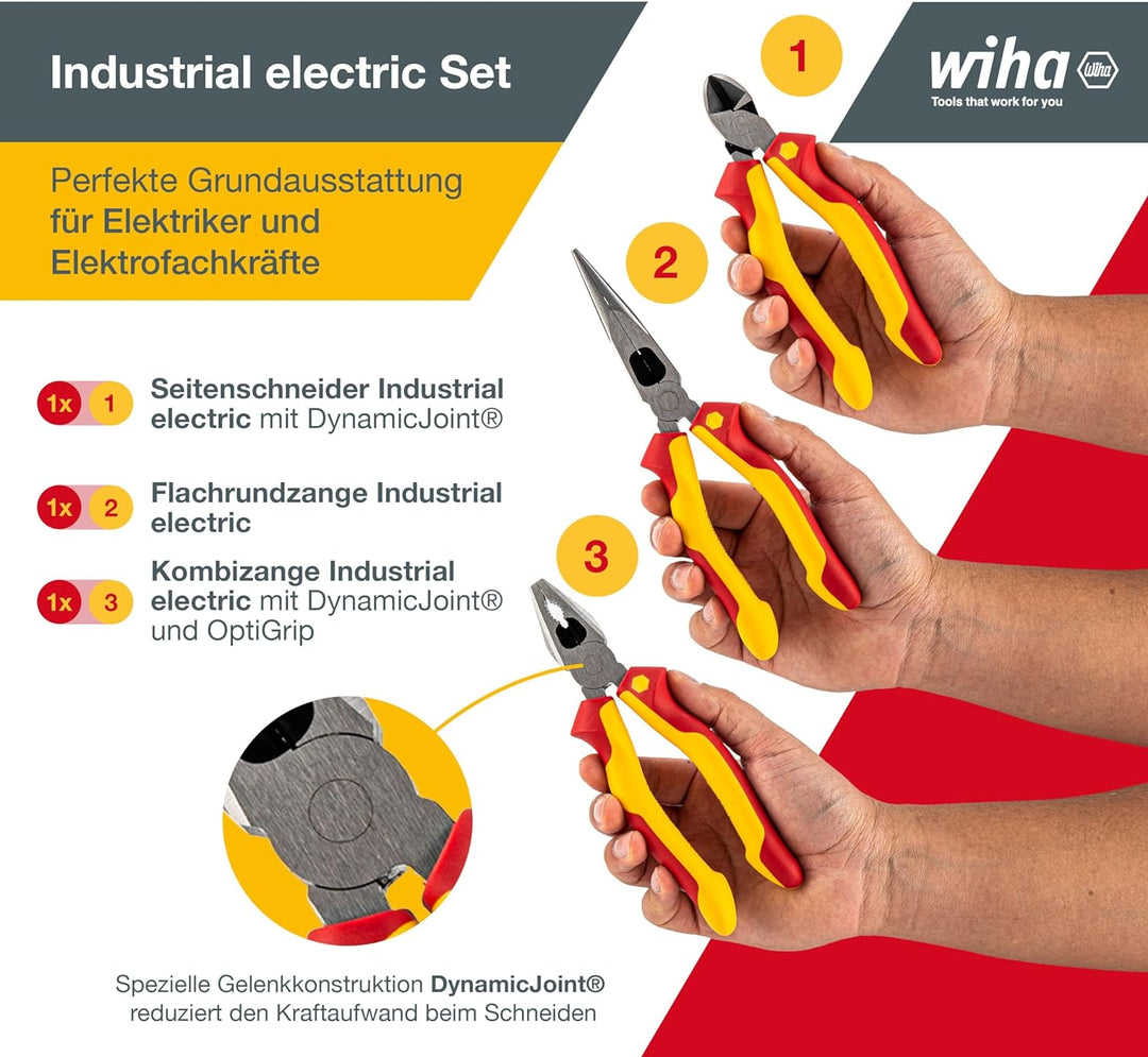Wiha Zangen Set für Elektriker (38637) 3-tlg. I Universal Kombizange 180mm + Flachrundzange 200mm +
