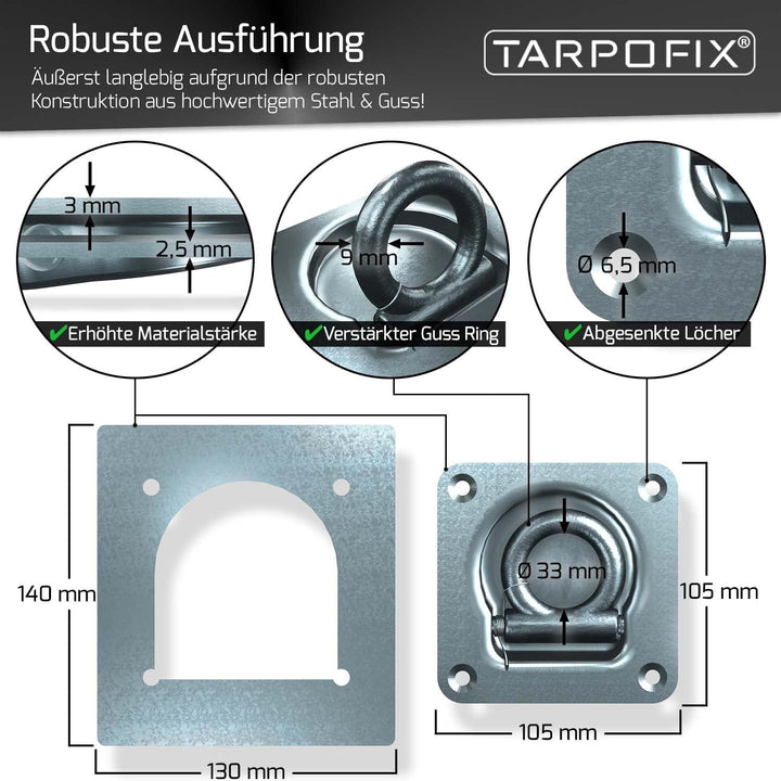 Tarpofix® Anhänger Zurrösen mit Gegenplatten (6 Stück) | Robuste Zurrmulden mit Einer geprüften Zugk