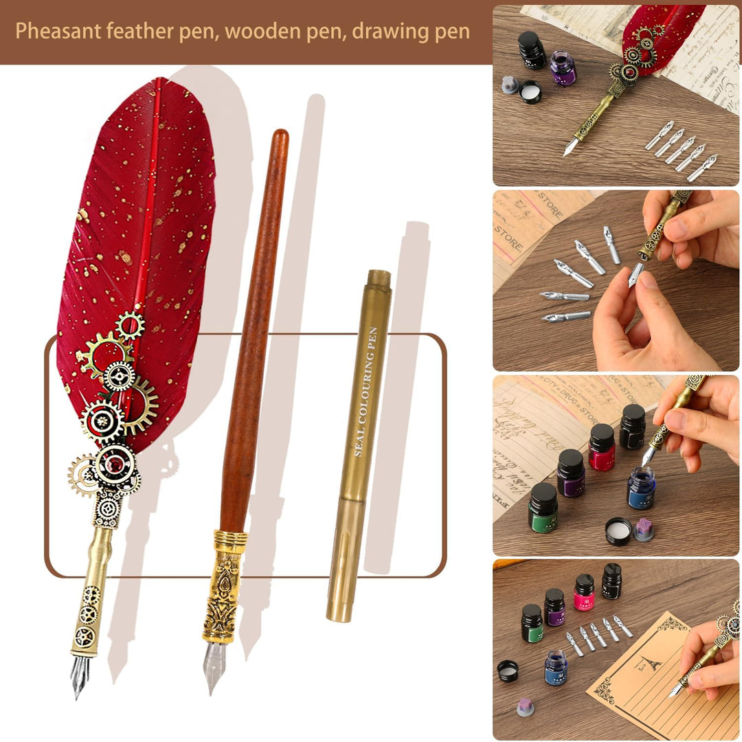 Federkiel und Tinte Set,Feder Feder Tinte Set enthält Federkiel,Holzstift,5 austauschbare Federn,5 v