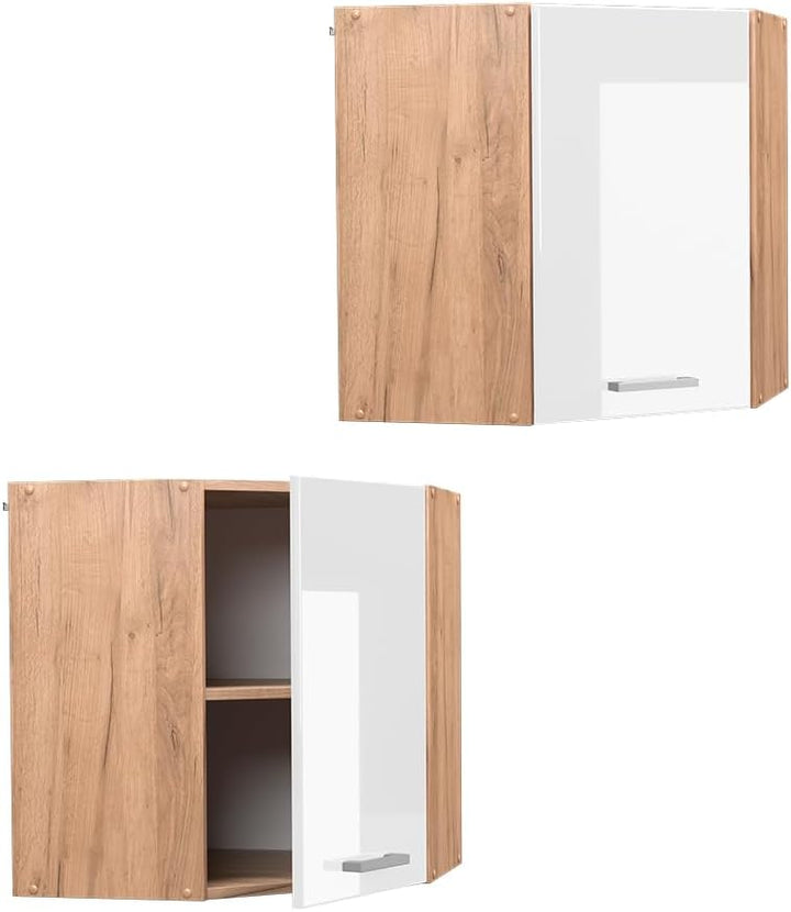 Vicco Eckhängeschrank R-Line, Weiss Hochglanz/Goldkraft Eiche, 57 cm Weiss Hochglanz Eckhängeschrank