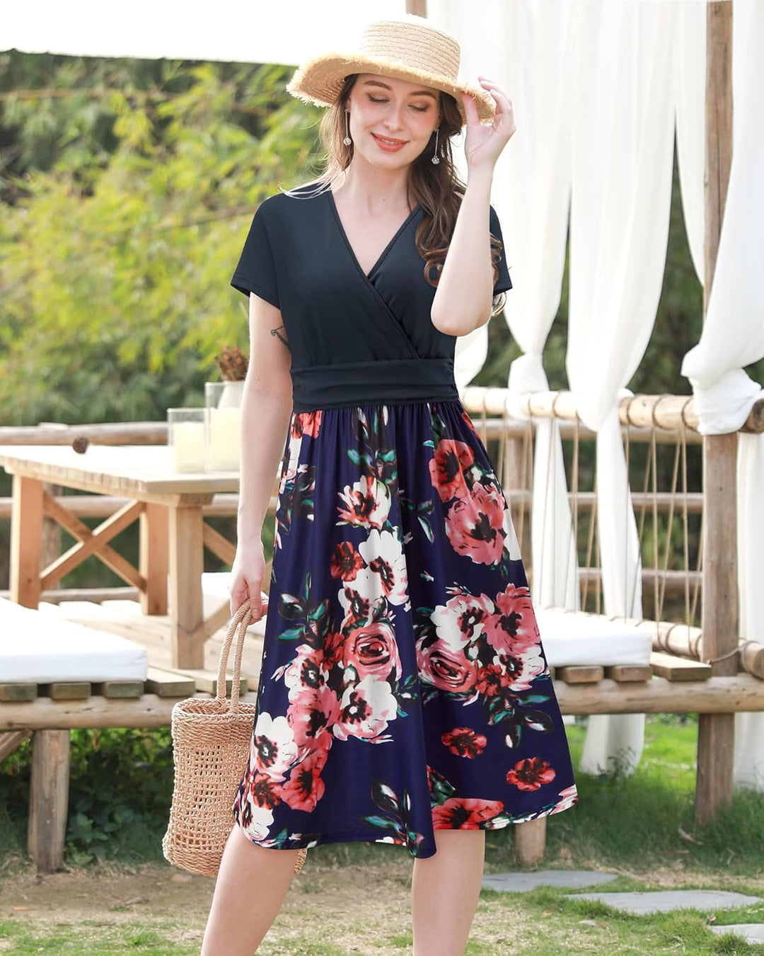 STYLEWORD Damen Sommerkleid Kurzarm V-Ausschnitt Kleider Blumenmuster Kleid Wickelkleid Mit Taschen