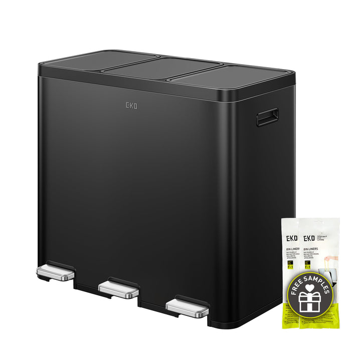 EKO Essential Mülleimer 3 Fächer, 3 x 20 Liter, Mülltrennsystem Küchentretmülleimer, inklusive 20 Mü