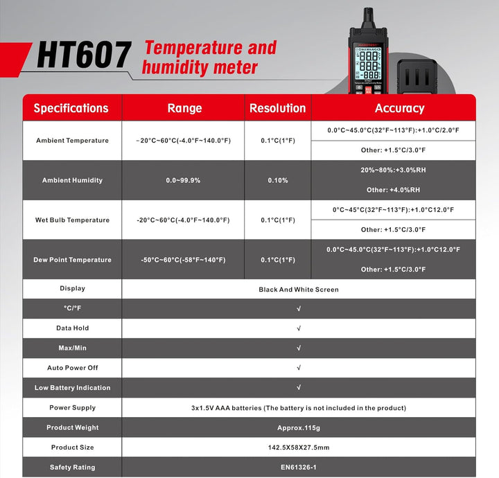 Habotest Temperatur- und Luftfeuchtigkeitsmesser HT607