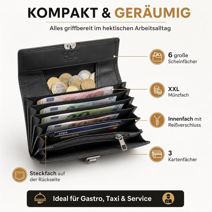 Echt Leder Kellner Geldbörse Profi Kellnerportemonnaie weich RFID | Kellnerbörse (18,5 x 9,5 x 4,5cm