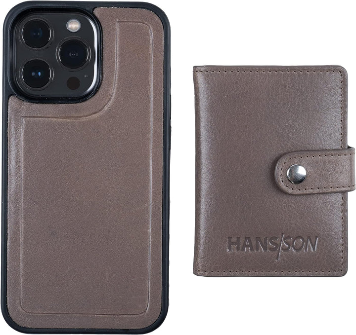 HANS/SON Handyhülle aus Echtleder mit Kartenfach | Für iPhone 13 Pro | Graues Ledercase mit Kreditka