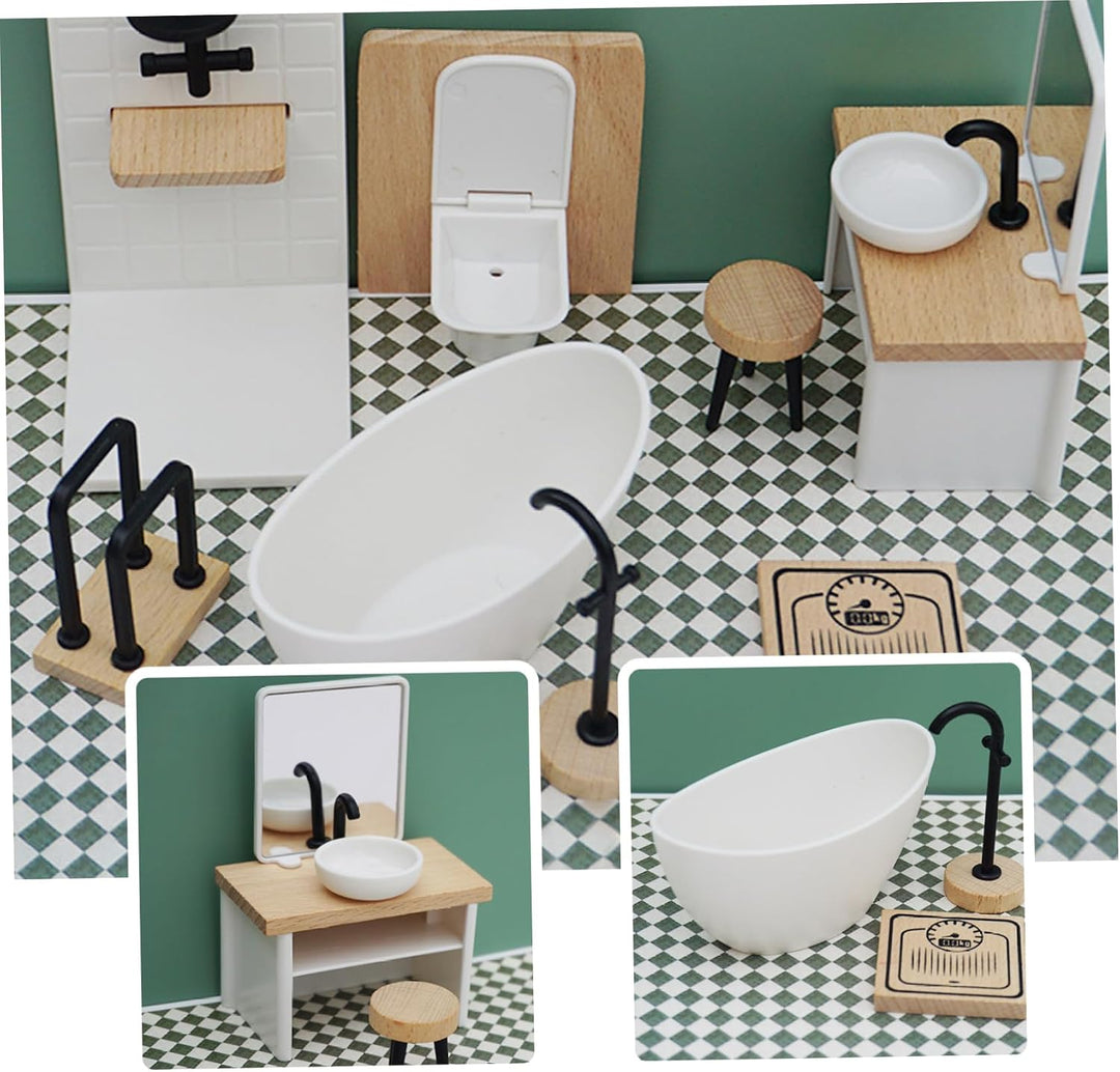 Puppenhaus-Badezimmer-Set, 8-teilig, 1:12, realistische Miniatur-Puppenhaus-Toilette aus Holz, dekor