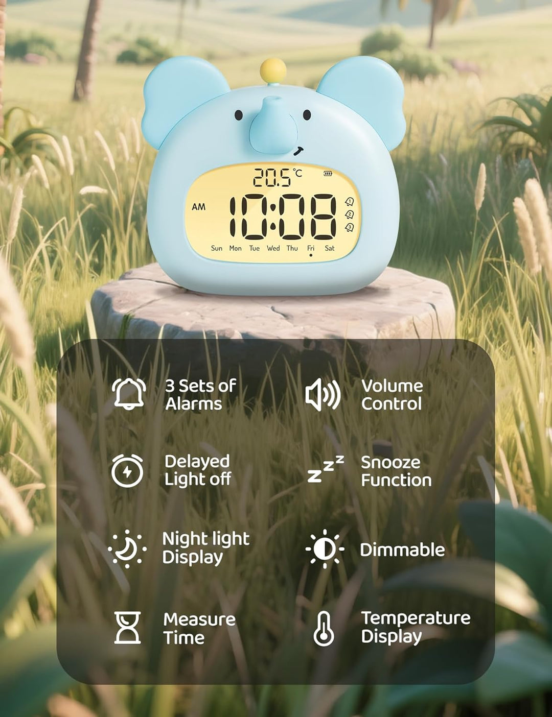 IHALO Elefanten Deko Kinderwecker, Nachttischwecker mit Nachtlicht, Digitales LED-Display, 3,15 Zoll