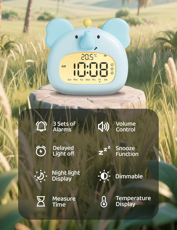 IHALO Elefanten Deko Kinderwecker, Nachttischwecker mit Nachtlicht, Digitales LED-Display, 3,15 Zoll